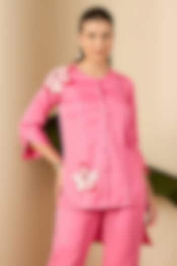 Pink Cotton Satin Floral & Sequin Embroidered Shirt by First Resort by Ramola Bachchan at Pernia's Pop Up Shop