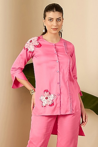 Pink Cotton Satin Floral & Sequin Embroidered Shirt by First Resort by Ramola Bachchan