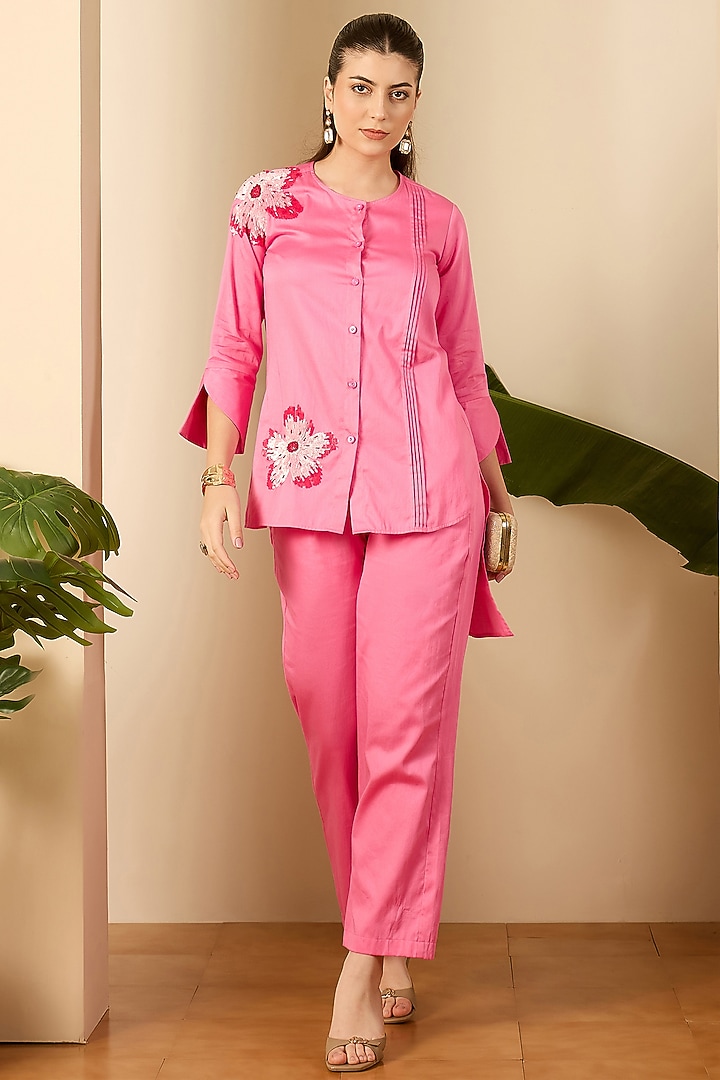 Pink Cotton Satin Floral & Sequin Embroidered Shirt by First Resort by Ramola Bachchan at Pernia's Pop Up Shop