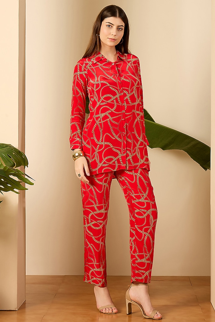 Red Viscose Crepe Digital Printed Co-Ord Set by First Resort by Ramola Bachchan at Pernia's Pop Up Shop