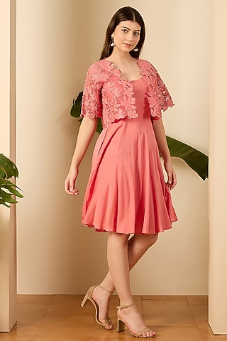 Blush Pink Organza & Chanderi Cutwork Embroidered Jacket Dress by First Resort by Ramola Bachchan