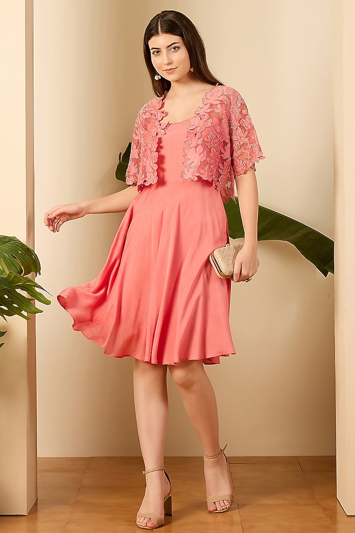 Blush Pink Organza & Chanderi Cutwork Embroidered Jacket Summer Dress by First Resort by Ramola Bachchan at Pernia's Pop Up Shop