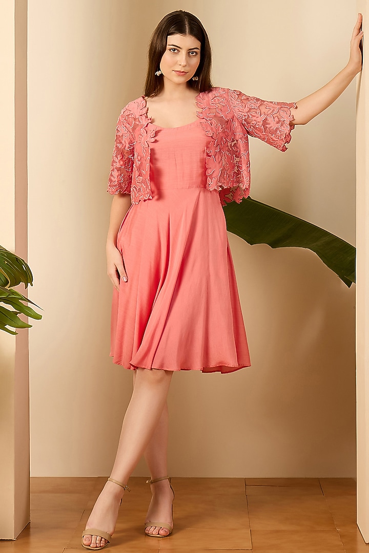 Blush Pink Organza & Chanderi Cutwork Embroidered Jacket Summer Dress by First Resort by Ramola Bachchan at Pernia's Pop Up Shop