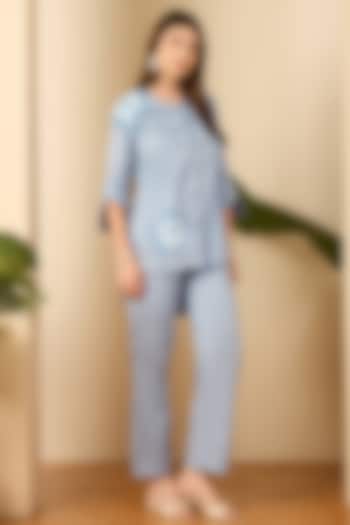 Sky Blue Cotton Satin Floral Embroidered Co-Ord Set by First Resort by Ramola Bachchan at Pernia's Pop Up Shop