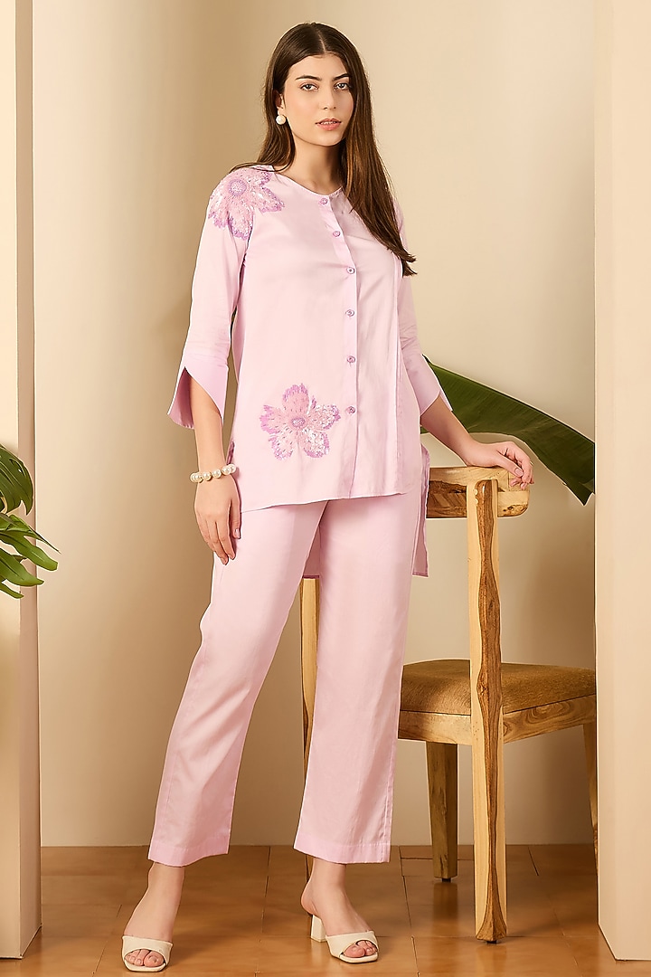 Purple Cotton Satin Floral Embroidered Co-Ord Set by First Resort by Ramola Bachchan at Pernia's Pop Up Shop