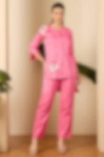 Pink Cotton Satin Floral Embroidered Co-Ord Set by First Resort by Ramola Bachchan at Pernia's Pop Up Shop