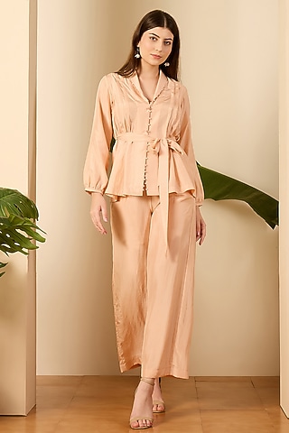 Peach Habutai Silk Co-Ord Set by First Resort by Ramola Bachchan