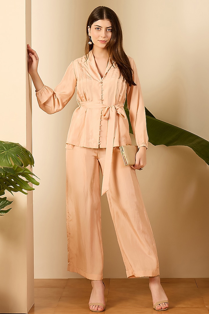 Peach Habutai Silk Co-Ord Set by First Resort by Ramola Bachchan at Pernia's Pop Up Shop