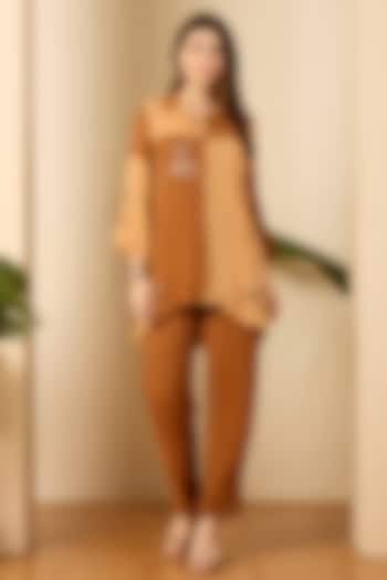 Beige & Brown Double Georgette Hand Embroidered Co-Ord Set by First Resort by Ramola Bachchan at Pernia's Pop Up Shop