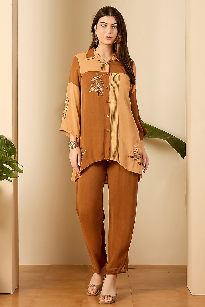 Beige & Brown Double Georgette Hand Embroidered Co-Ord Set by First Resort by Ramola Bachchan at Pernia's Pop Up Shop