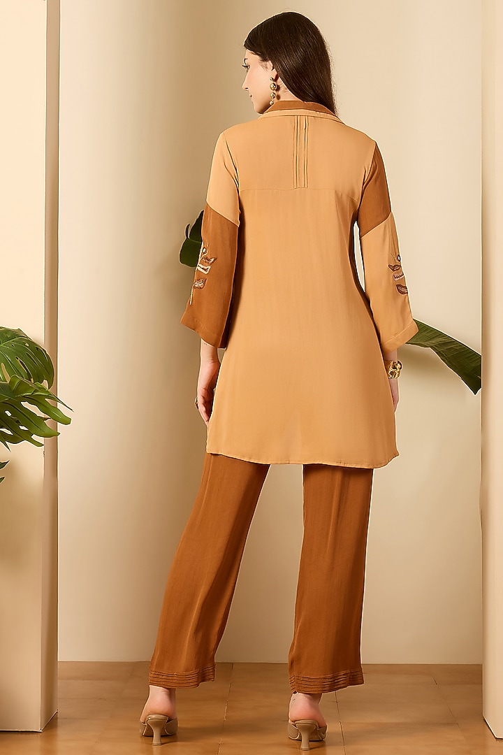 Beige & Brown Double Georgette Hand Embroidered Co-Ord Set by First Resort by Ramola Bachchan at Pernia's Pop Up Shop