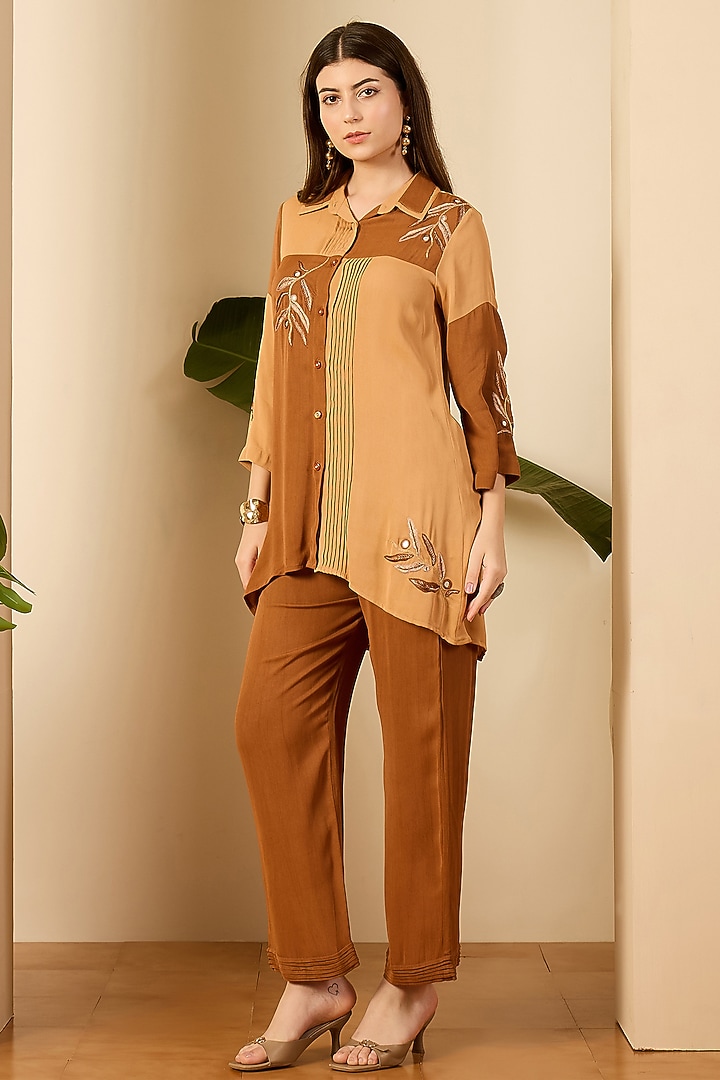 Beige & Brown Double Georgette Hand Embroidered Co-Ord Set by First Resort by Ramola Bachchan at Pernia's Pop Up Shop
