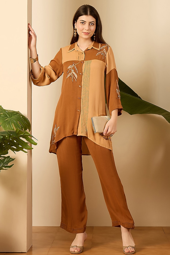 Beige & Brown Double Georgette Hand Embroidered Co-Ord Set by First Resort by Ramola Bachchan at Pernia's Pop Up Shop