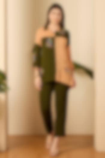 Beige & Olive Green Double Georgette Hand Embroidered Co-Ord Set by First Resort by Ramola Bachchan at Pernia's Pop Up Shop