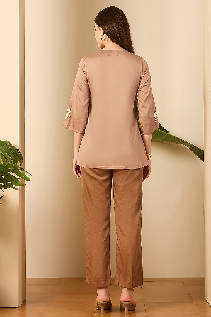 Brown Cotton Modal Satin Nalki Embroidered Co-Ord Set by First Resort by Ramola Bachchan at Pernia's Pop Up Shop