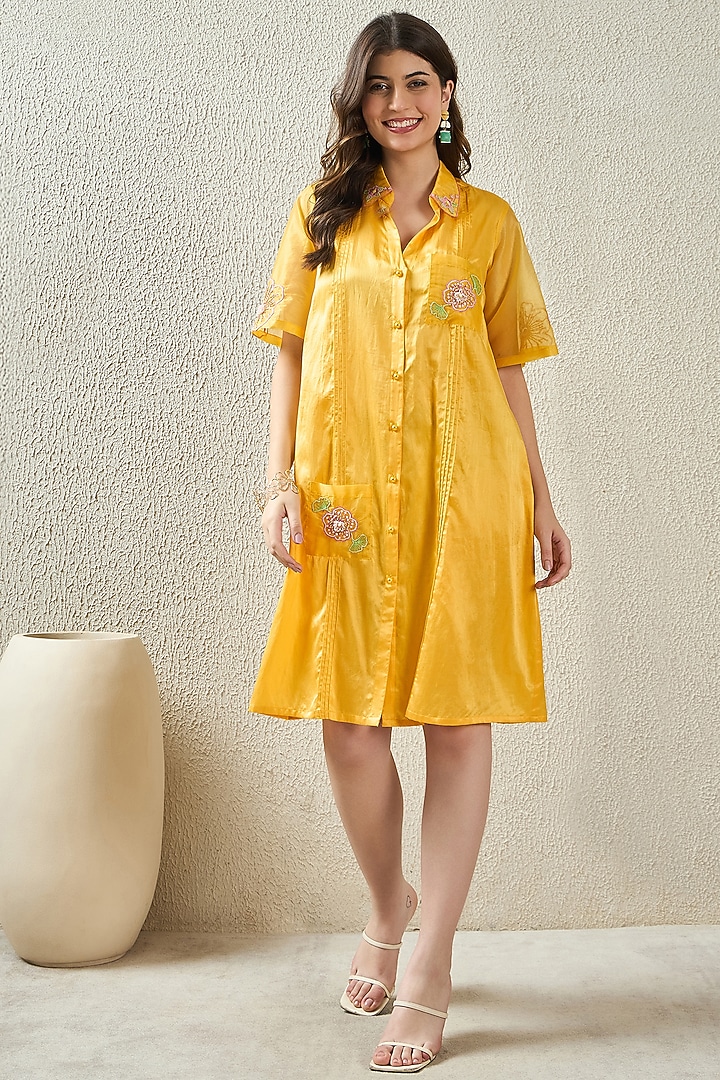 Yellow Cotton Silk Hand Embroidered Summer Shirt Dress by First Resort by Ramola Bachchan at Pernia's Pop Up Shop