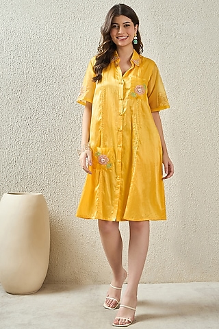 Yellow Cotton Silk Hand Embroidered Shirt Dress by First Resort by Ramola Bachchan