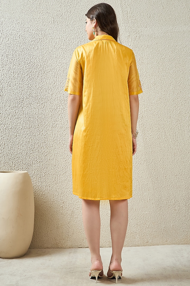 Yellow Cotton Silk Hand Embroidered Summer Shirt Dress by First Resort by Ramola Bachchan at Pernia's Pop Up Shop