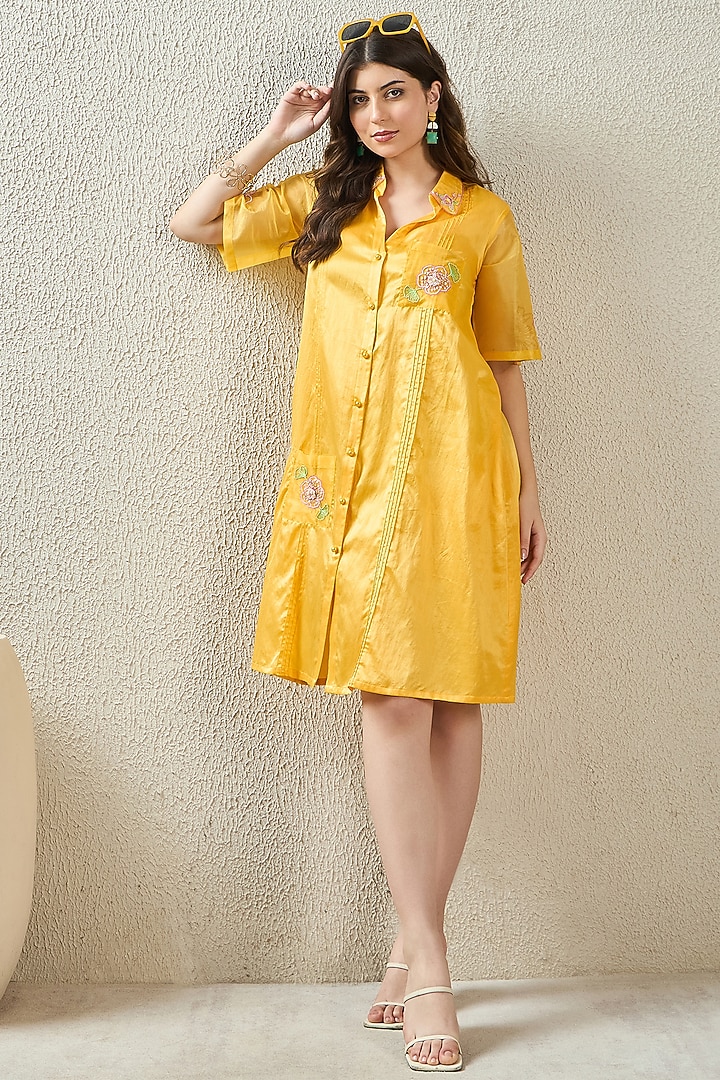 Yellow Cotton Silk Hand Embroidered Summer Shirt Dress by First Resort by Ramola Bachchan at Pernia's Pop Up Shop