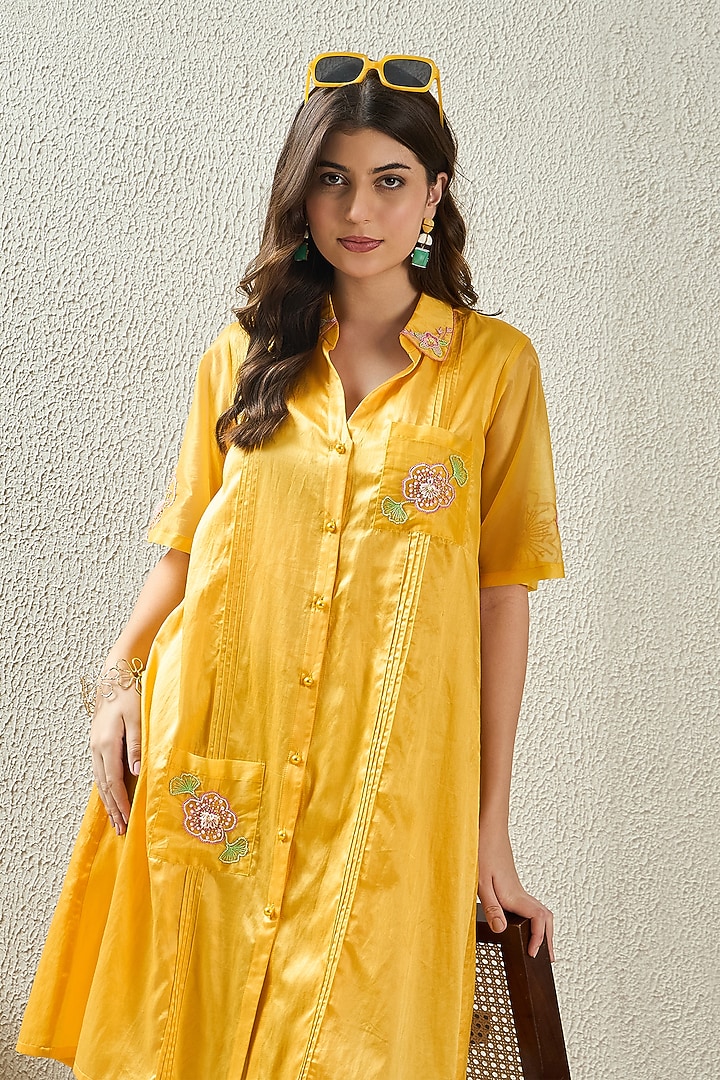 Yellow Cotton Silk Hand Embroidered Summer Shirt Dress by First Resort by Ramola Bachchan at Pernia's Pop Up Shop