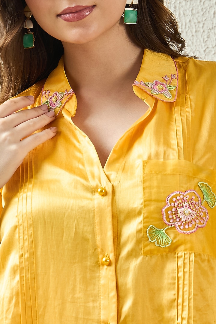 Yellow Cotton Silk Hand Embroidered Summer Shirt Dress by First Resort by Ramola Bachchan at Pernia's Pop Up Shop