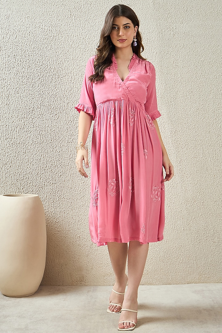 Blush Pink Viscose Crepe Hand Embroidered Summer Dress by First Resort by Ramola Bachchan at Pernia's Pop Up Shop