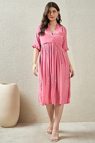 Blush Pink Viscose Crepe Hand Embroidered Dress by First Resort by Ramola Bachchan