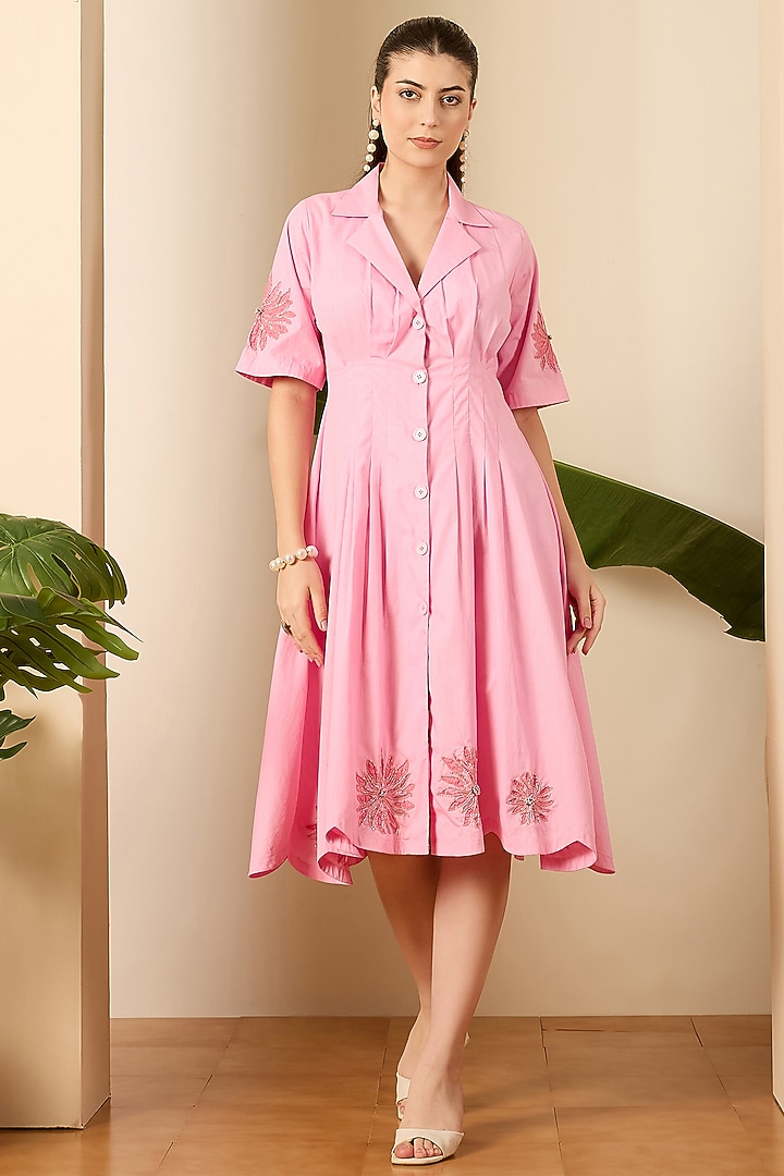 Blush Pink Cotton Poplin Hand Embroidered Summer Dress by First Resort by Ramola Bachchan at Pernia's Pop Up Shop
