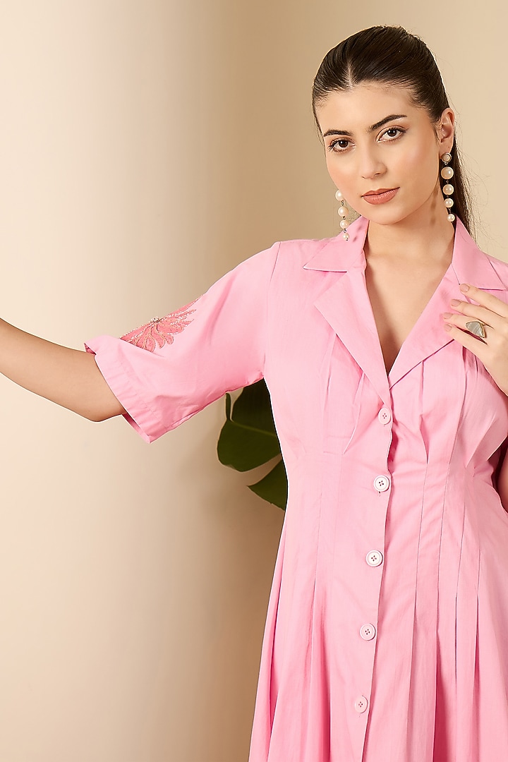 Blush Pink Cotton Poplin Hand Embroidered Summer Dress by First Resort by Ramola Bachchan at Pernia's Pop Up Shop
