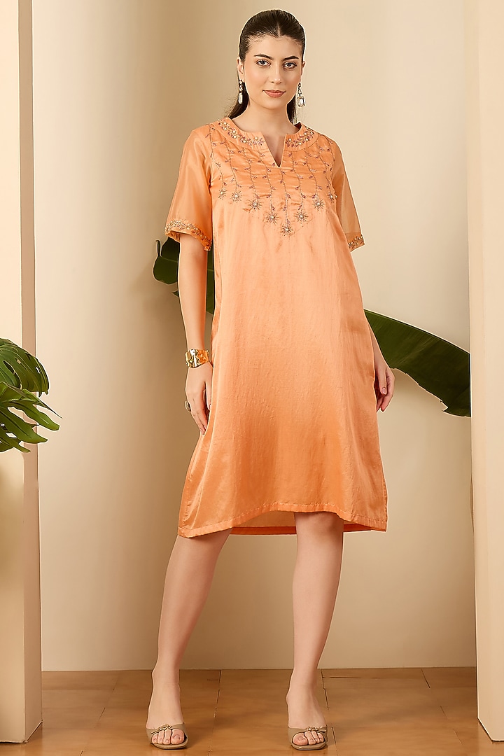 Apricot Cotton Silk Hand Embroidered Straight Summer Dress by First Resort by Ramola Bachchan at Pernia's Pop Up Shop
