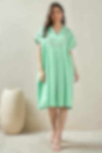 Mint Green Cotton Satin Hand Embroidered Summer Dress by First Resort by Ramola Bachchan at Pernia's Pop Up Shop