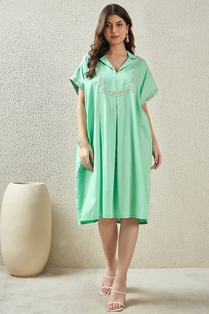 Mint Green Cotton Satin Hand Embroidered Summer Dress by First Resort by Ramola Bachchan at Pernia's Pop Up Shop