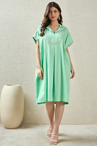 Mint Green Cotton Satin Hand Embroidered Dress by First Resort by Ramola Bachchan