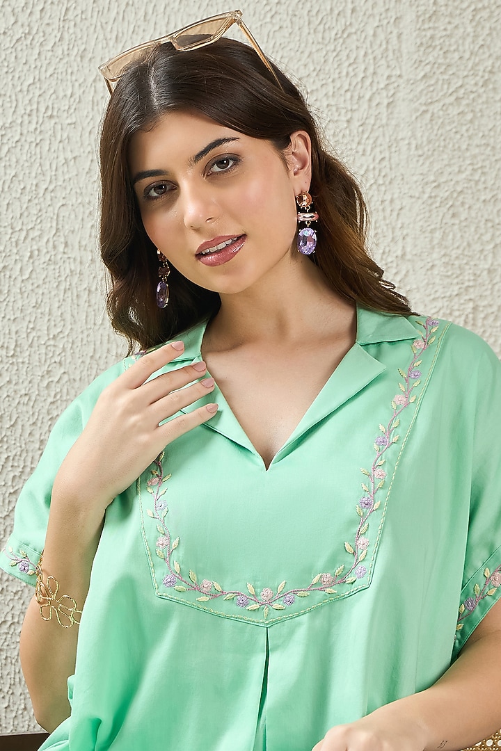Mint Green Cotton Satin Hand Embroidered Summer Dress by First Resort by Ramola Bachchan at Pernia's Pop Up Shop