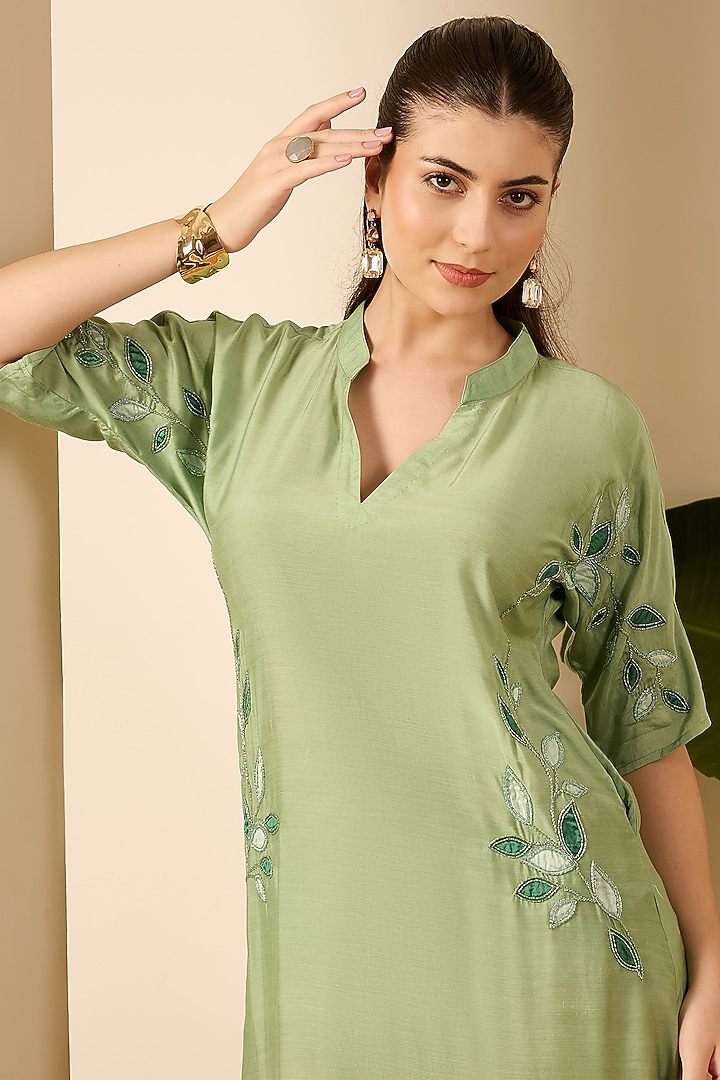 Fern Green Bemberg Viscose Muslin Embroidered Summer Dress by First Resort by Ramola Bachchan at Pernia's Pop Up Shop
