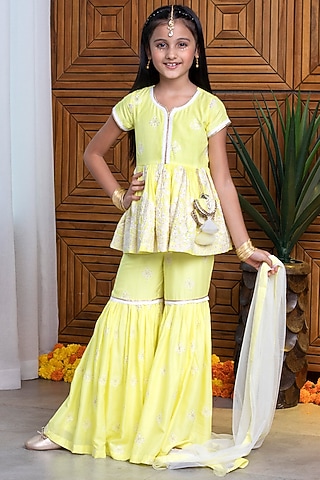 Lime Cotton Sharara Set For Girls by Free Sparrow