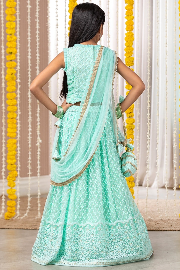 Mint Net Embroidered Lehenga Set For Girls by Free Sparrow at Pernia's Pop Up Shop