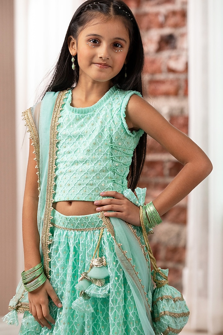 Mint Net Embroidered Lehenga Set For Girls by Free Sparrow at Pernia's Pop Up Shop