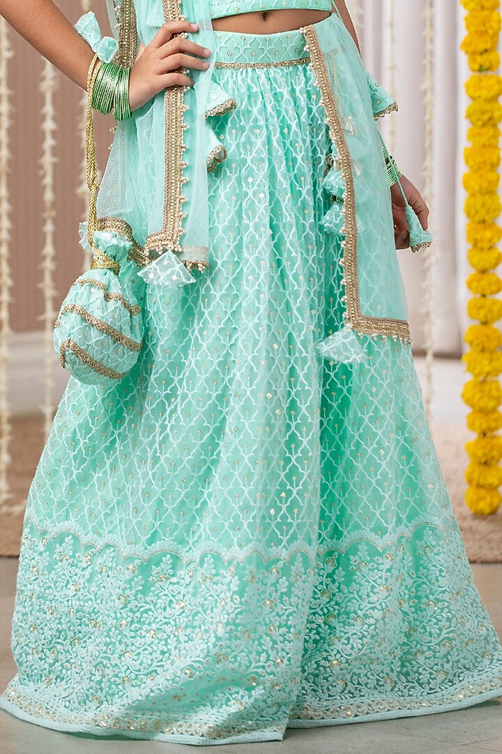 Mint Net Embroidered Lehenga Set For Girls by Free Sparrow at Pernia's Pop Up Shop