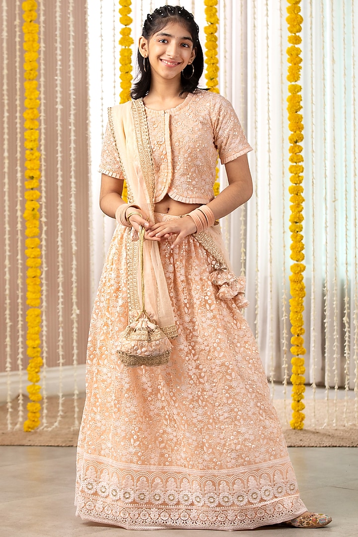 Peach Net Embroidered Lehenga Set For Girls by Free Sparrow