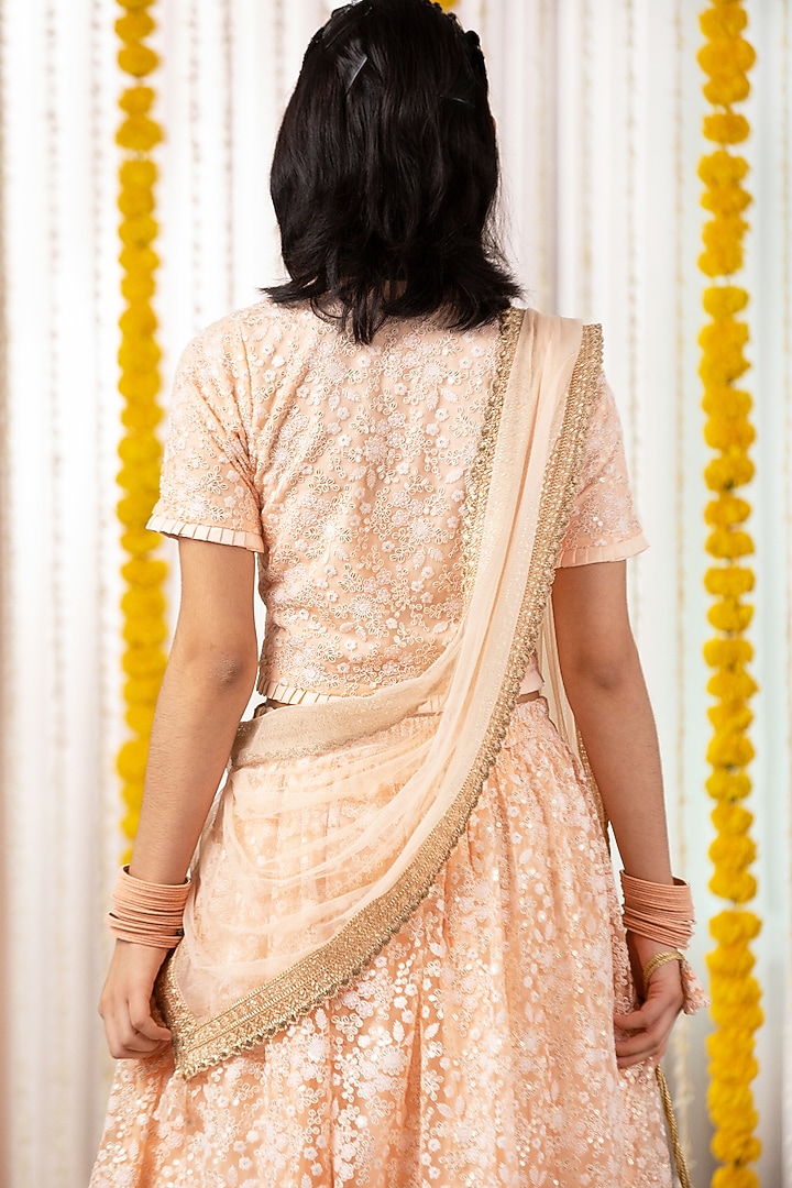 Peach Net Embroidered Lehenga Set For Girls by Free Sparrow at Pernia's Pop Up Shop