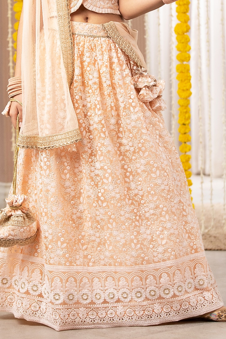 Peach Net Embroidered Lehenga Set For Girls by Free Sparrow at Pernia's Pop Up Shop