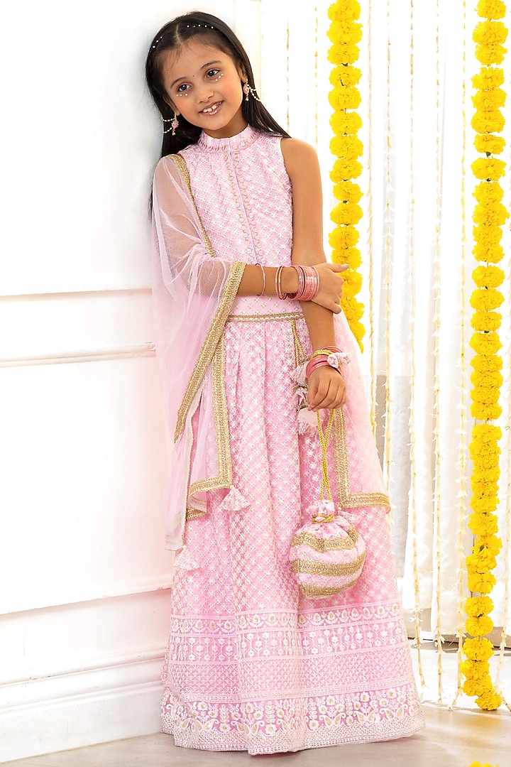 Pink Net Embroidered Lehenga Set For Girls by Free Sparrow