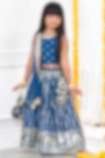Hue Blue Silk Embroidered Lehenga Set For Girls by Free Sparrow