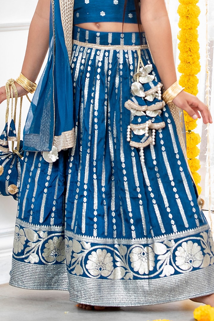 Hue Blue Silk Embroidered Lehenga Set For Girls by Free Sparrow at Pernia's Pop Up Shop