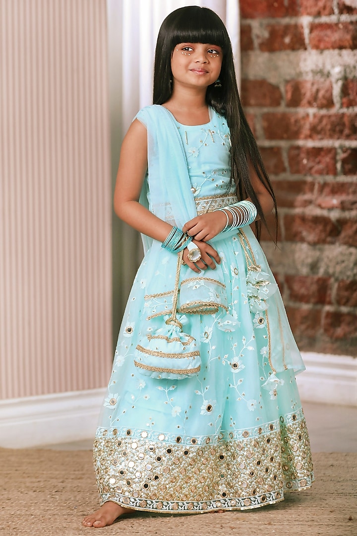 Sky Blue Net Embroidered Lehenga Set For Girls by Free Sparrow