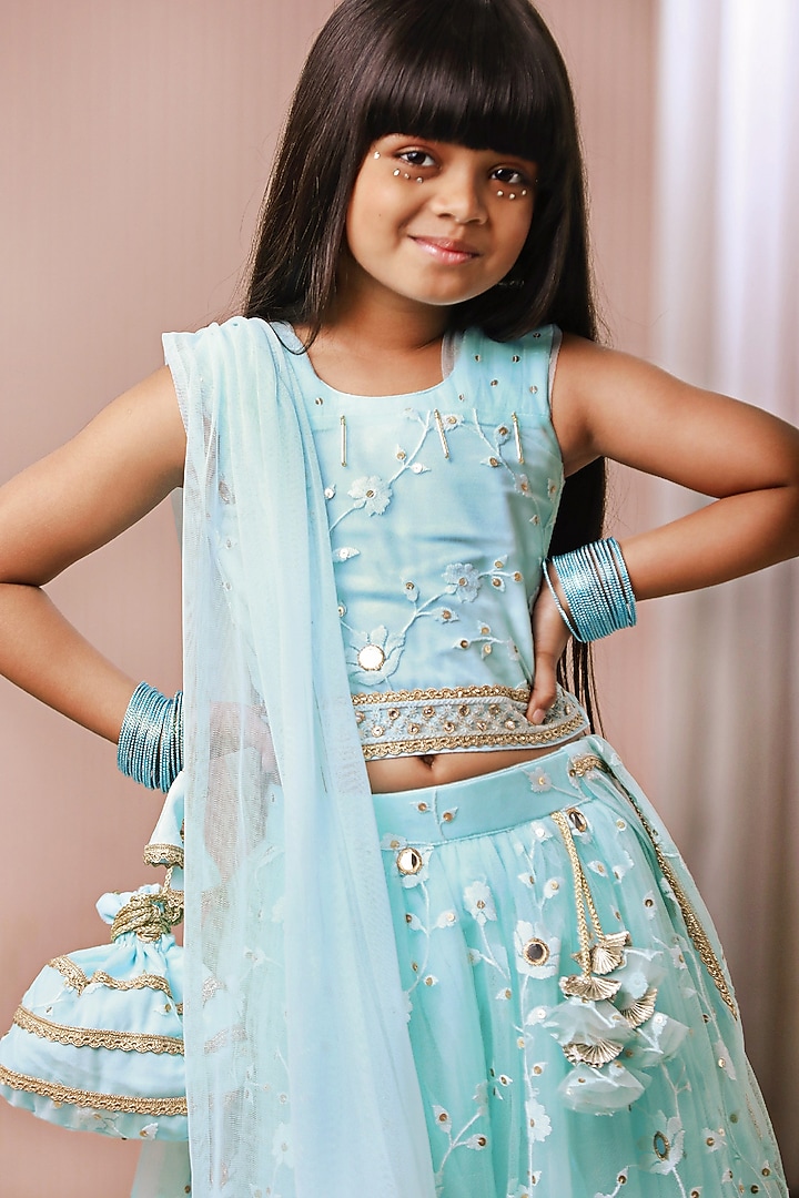 Sky Blue Net Embroidered Lehenga Set For Girls by Free Sparrow at Pernia's Pop Up Shop