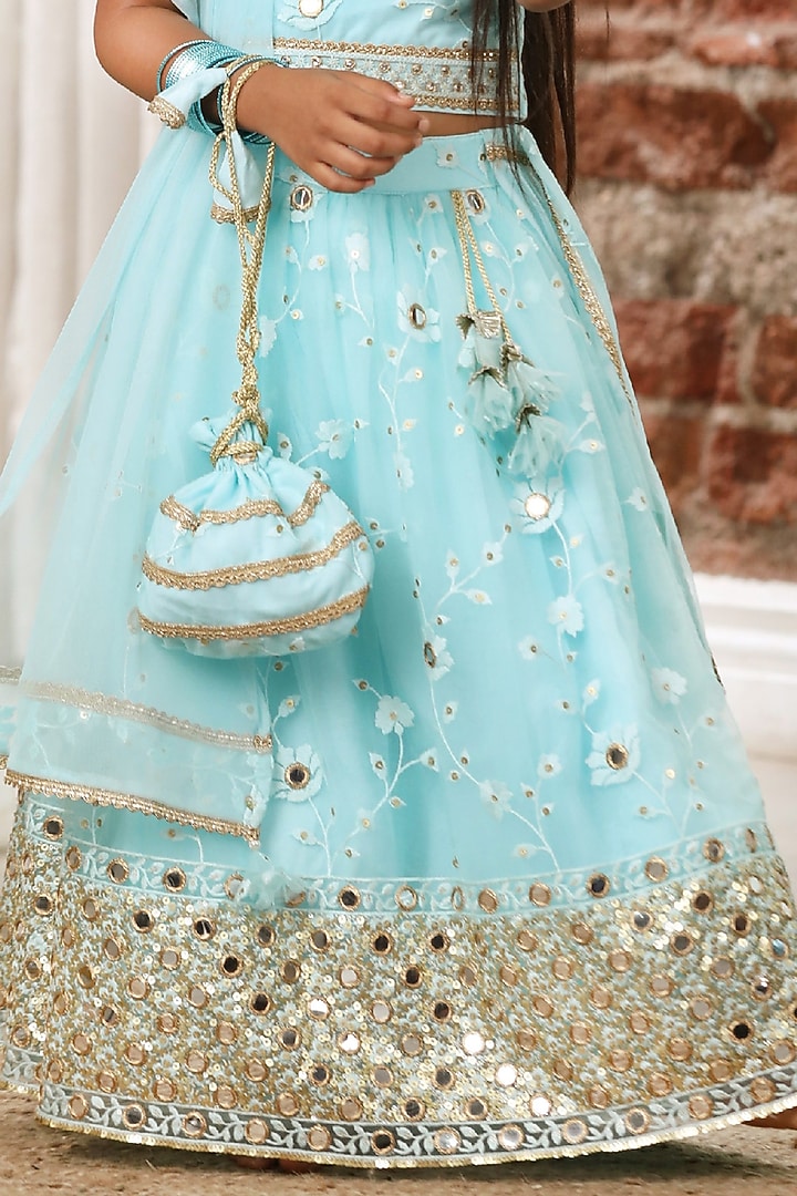 Sky Blue Net Embroidered Lehenga Set For Girls by Free Sparrow at Pernia's Pop Up Shop