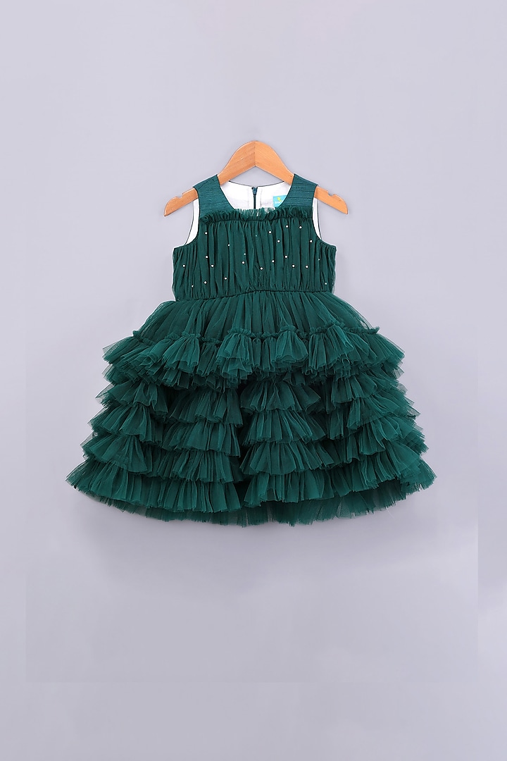 Green Layered Pearl Dress For Girls by Free Sparrow