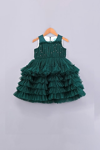 Green Layered Pearl Dress For Girls by Free Sparrow
